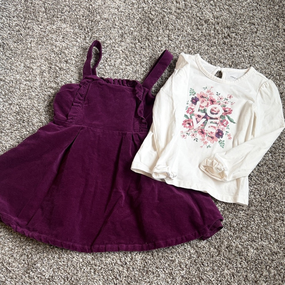 Janie and Jack girls 3T matching purple overall dress set with long sleeve Tee